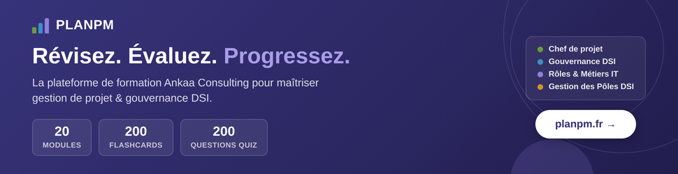 PlanPM by Ankaa Consulting - Révisez et évaluez-vous sur vos 4 parcours de formation IT et Projet, 200 flashcards et quiz